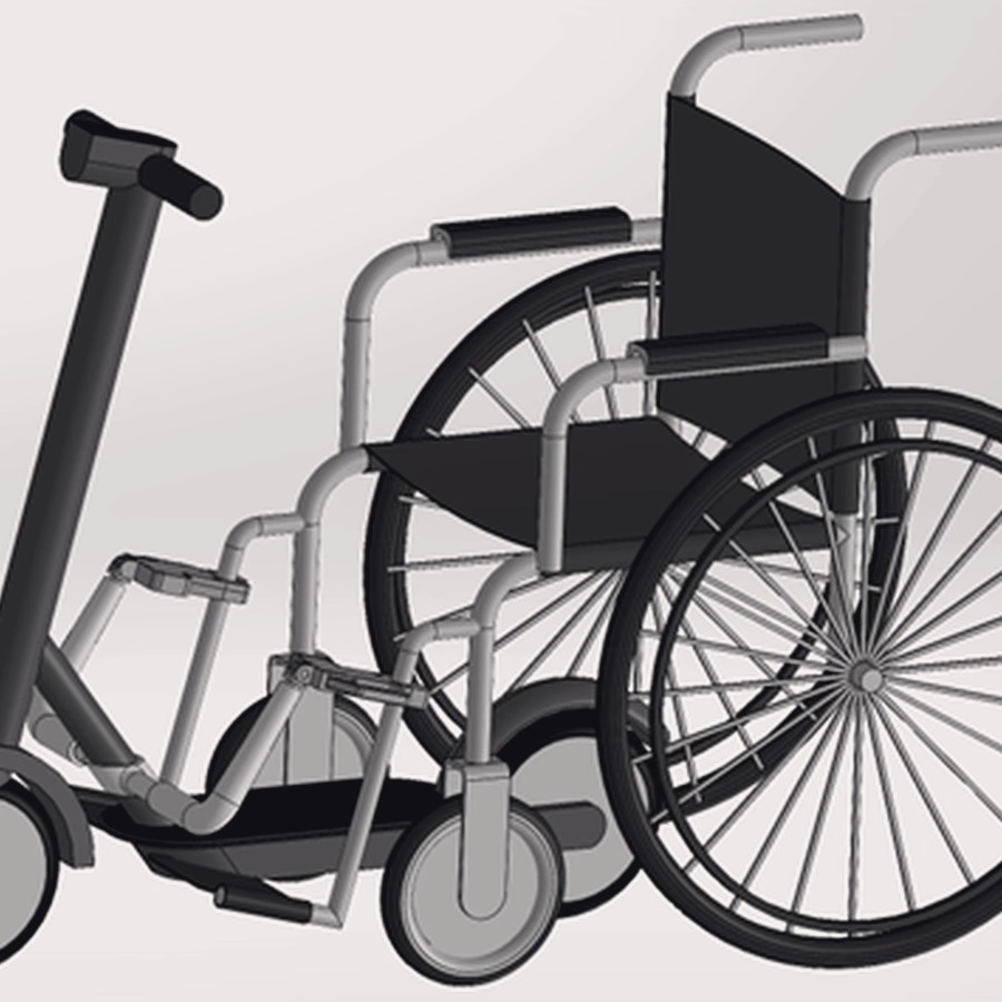 CAD rendering of a manual wheelchair connected to a consumer scooter by the U-Clamp system